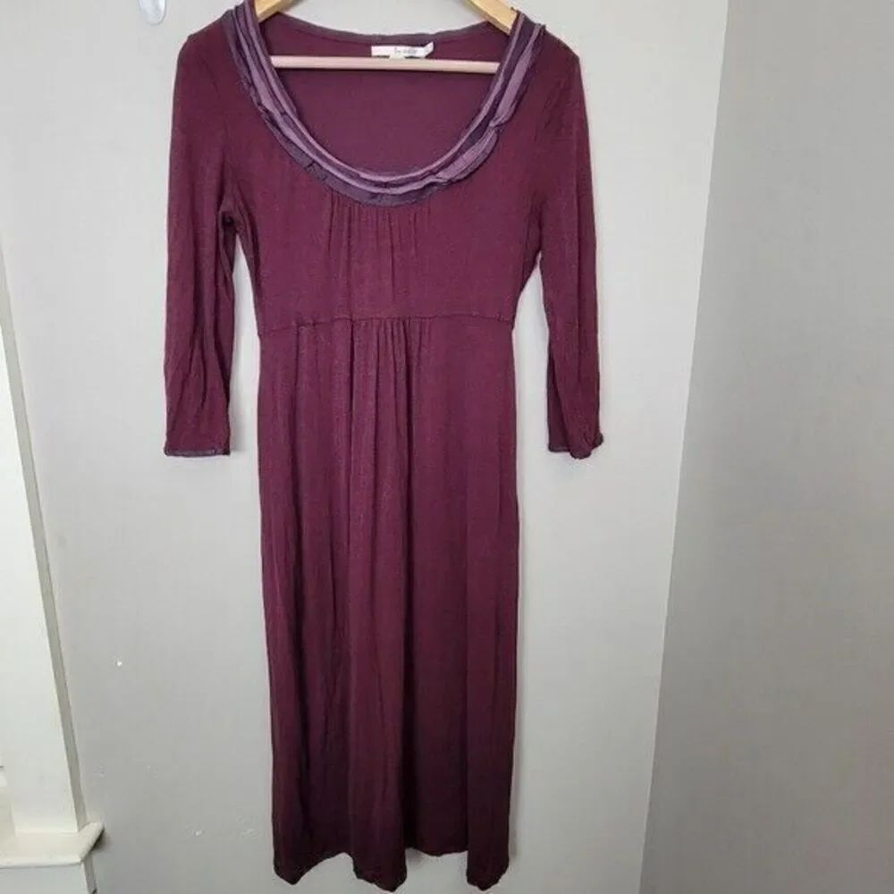 Boden Scoop Neck Ruffle Midi Purple Eggplant Dress 3/4 Sleeve Lined 6 Long